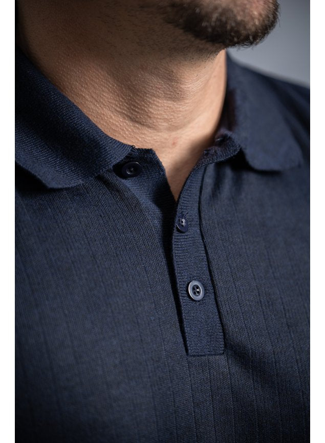 Camisa Polo Tricot Texturizada Botão Marinho - Kaynan