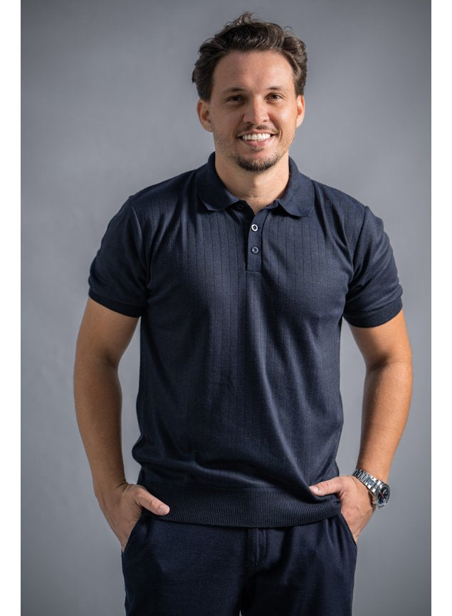 Camisa Polo Tricot Texturizada Botão Marinho - Kaynan