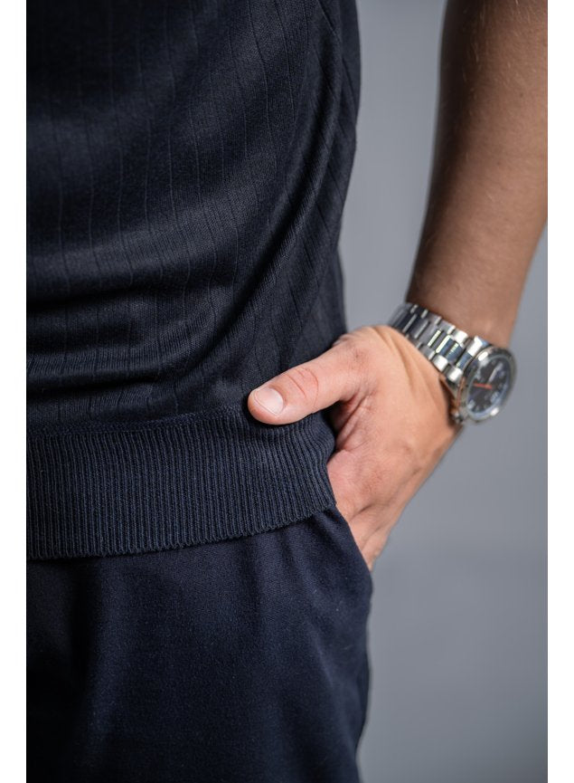 Camisa Polo Tricot Texturizada Botão Marinho - Kaynan